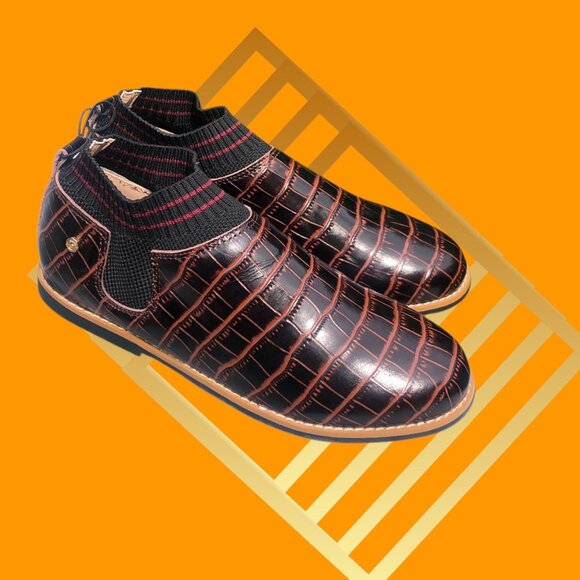 FINTOES Brown Crocodile Embossed Leather Knit Sock-like Collar Kid Shoe Sz 4 NEW - Picture 2 of 4